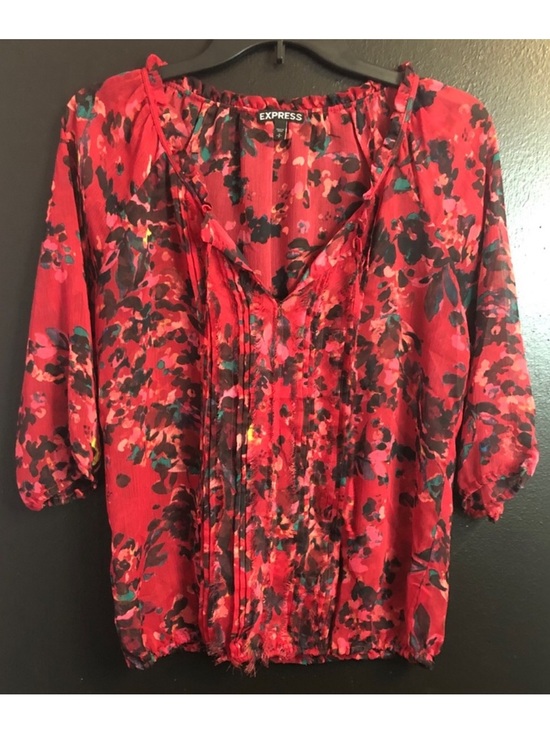 Express Tops - Express Red Multi-Color Floral Peasant Blouse